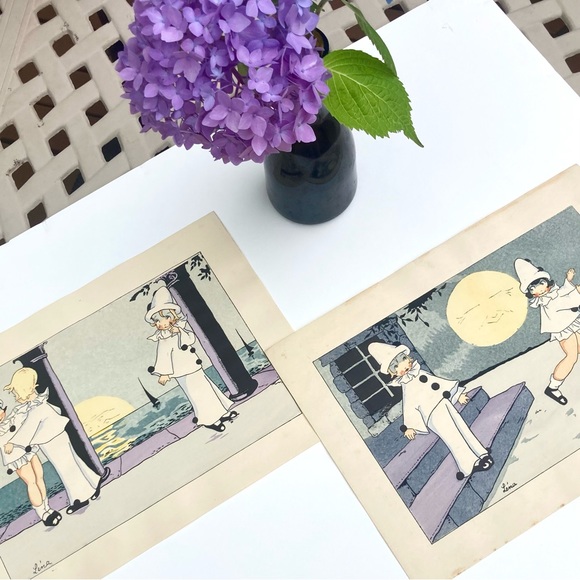 Vintage French Art Deco Pochoir original pen and ink baby Kewpie clown prints - Picture 9 of 15